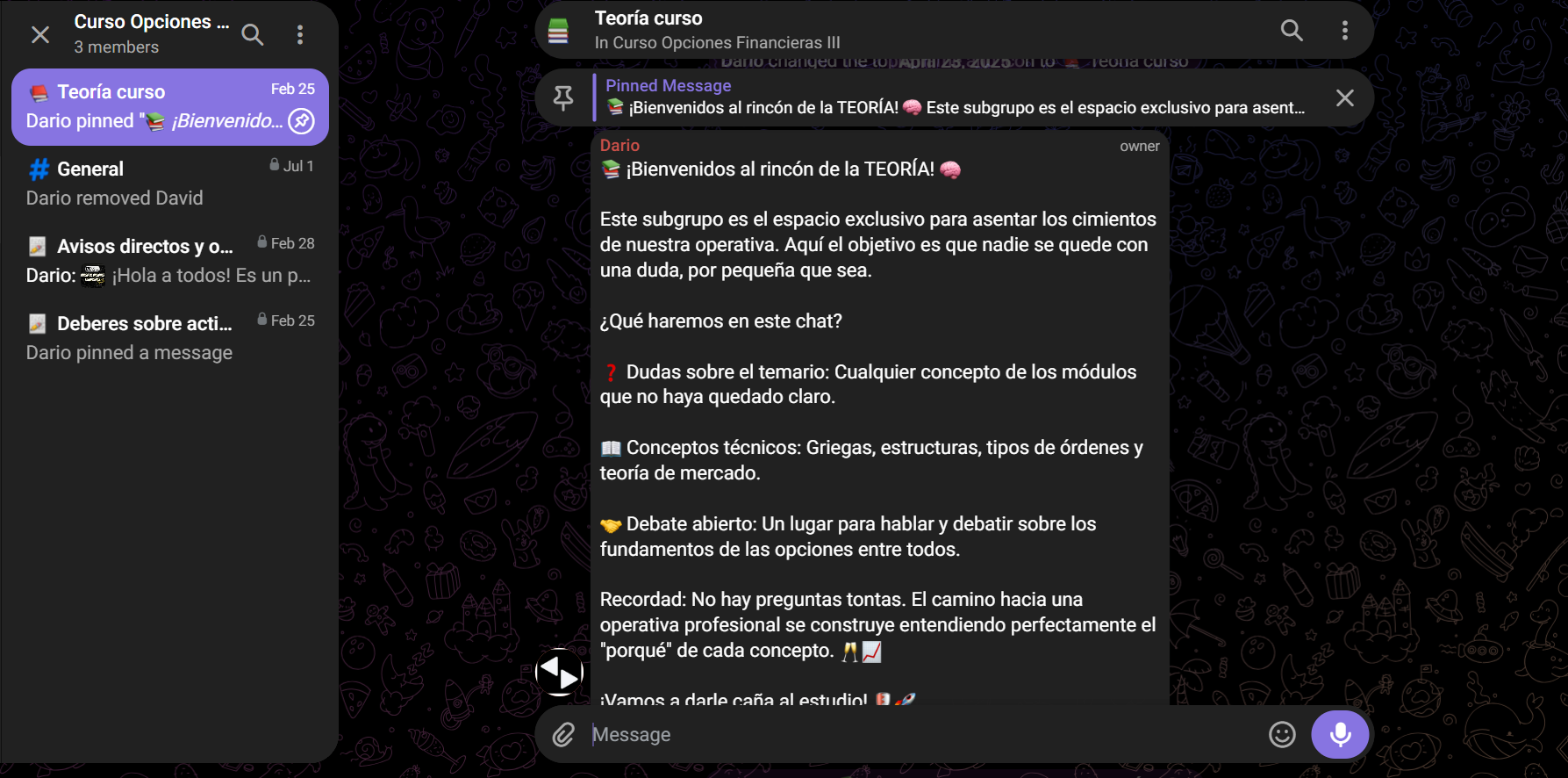 Grupo privado de Telegram del Curso de Opciones Financieras, subgrupo Teoría curso